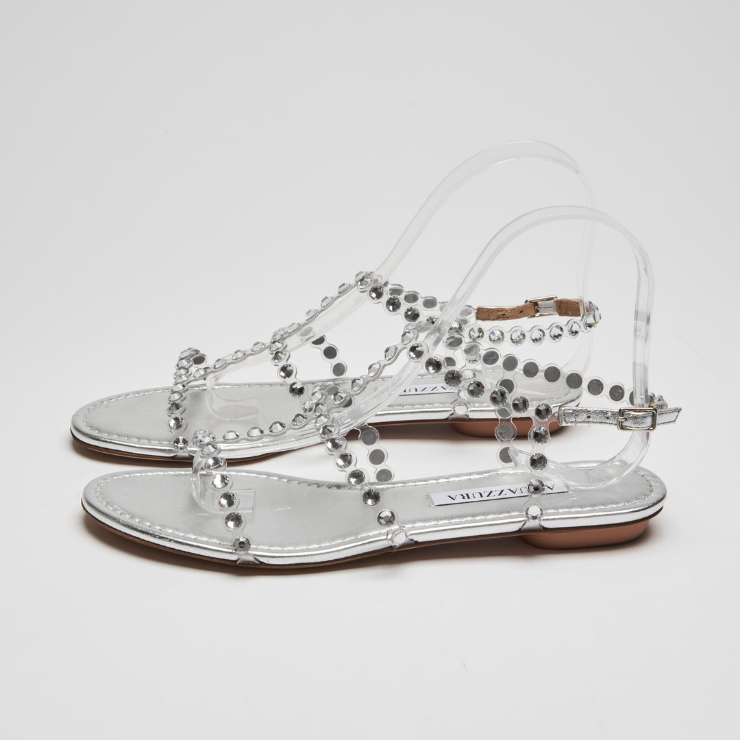Aquazzura Metallic Silver Leather Tequila Flat Sandals Size 37.5