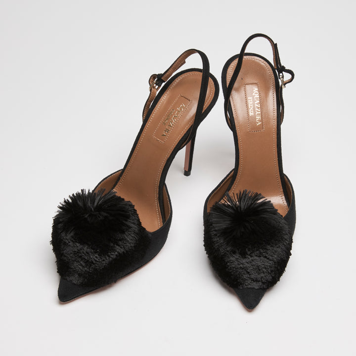 Aquazurra Black Suede Powder Puff Slingbacks Size 38.5
