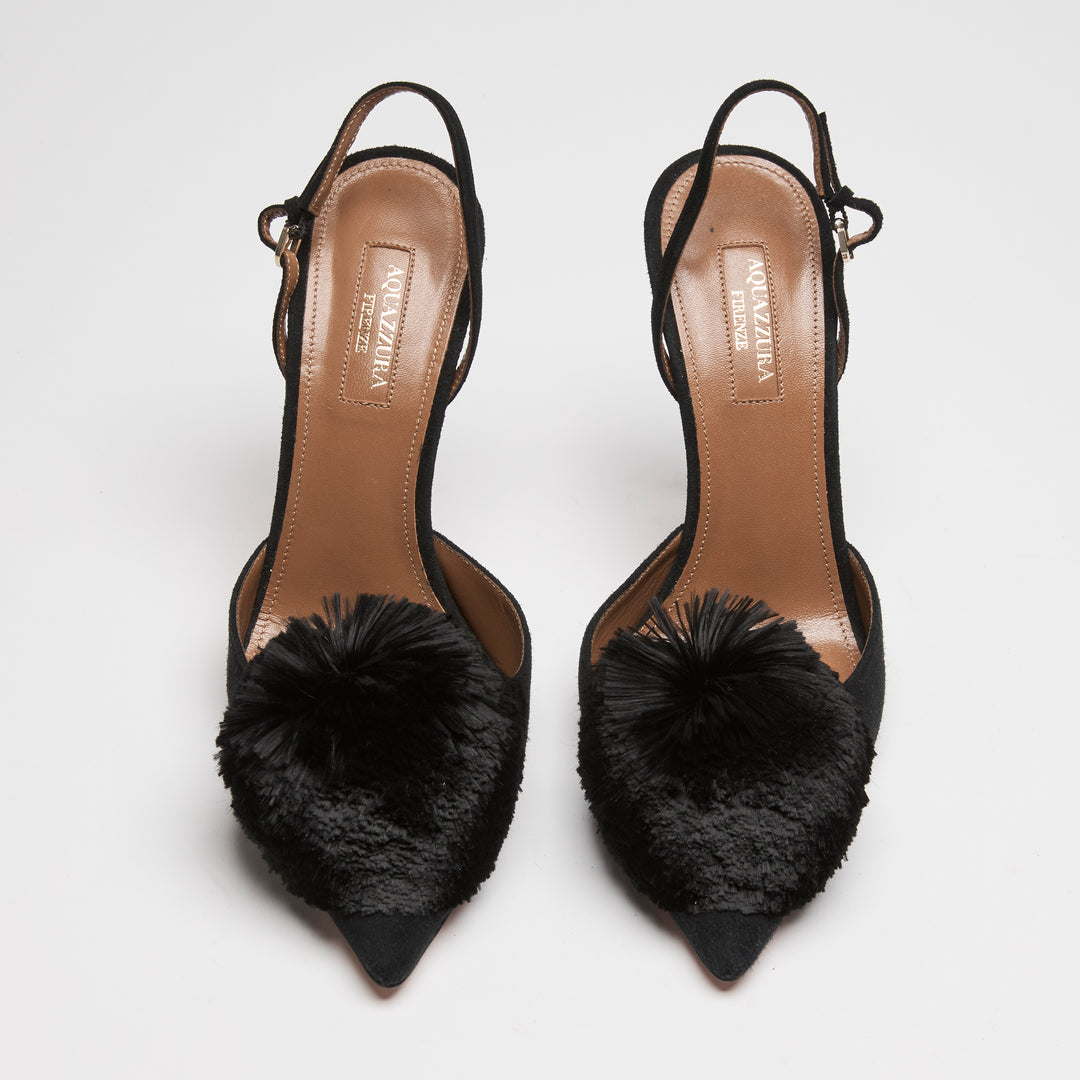 Aquazurra Black Suede Powder Puff Slingbacks Size 38.5