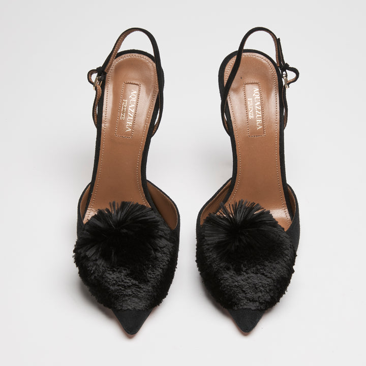 Aquazurra Black Suede Powder Puff Slingbacks Size 38.5