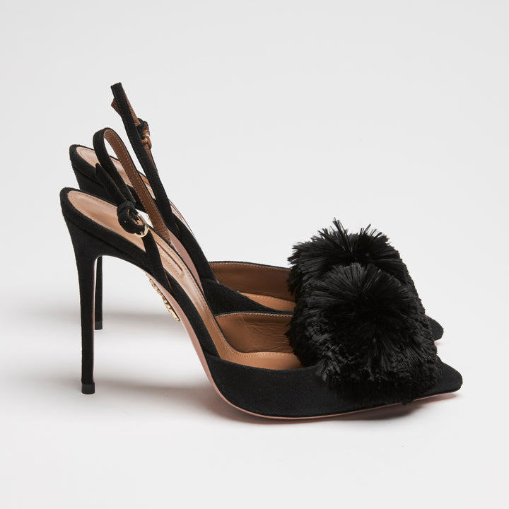 Aquazurra Black Suede Powder Puff Slingbacks Size 38.5