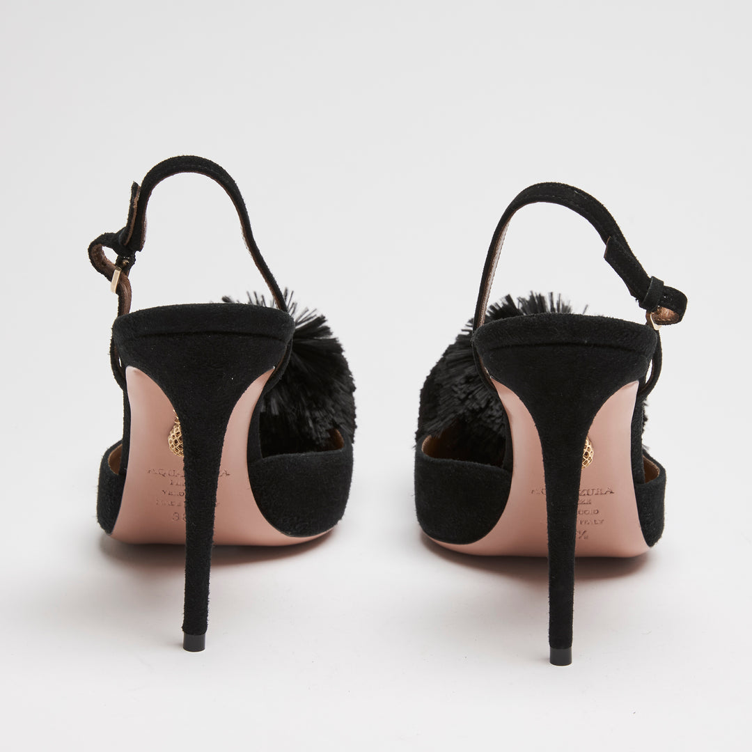 Aquazurra Black Suede Powder Puff Slingbacks Size 38.5