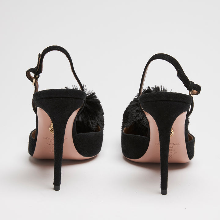 Aquazurra Black Suede Powder Puff Slingbacks Size 38.5
