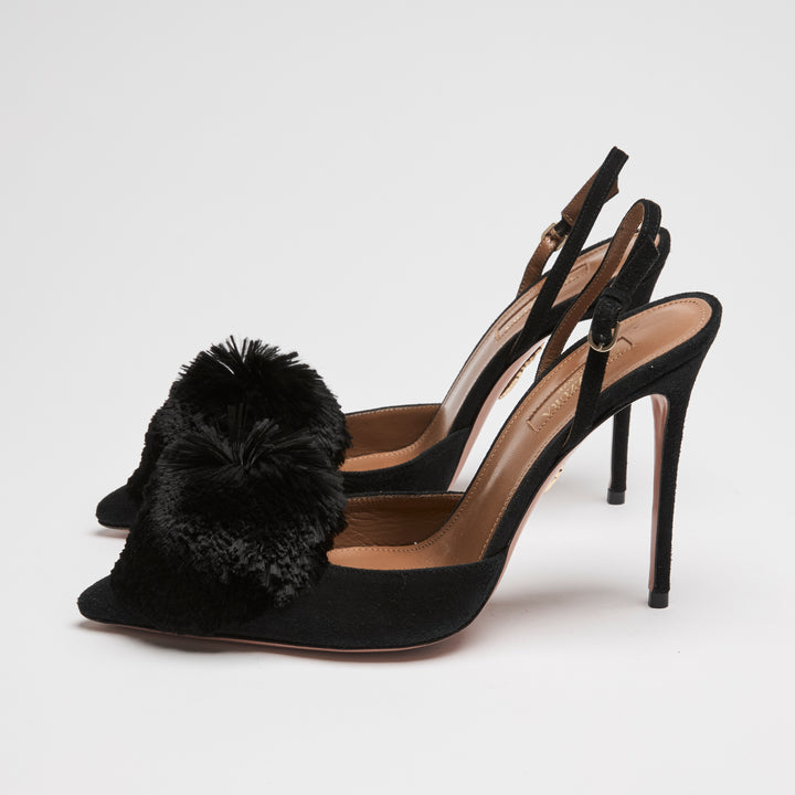 Aquazurra Black Suede Powder Puff Slingbacks Size 38.5