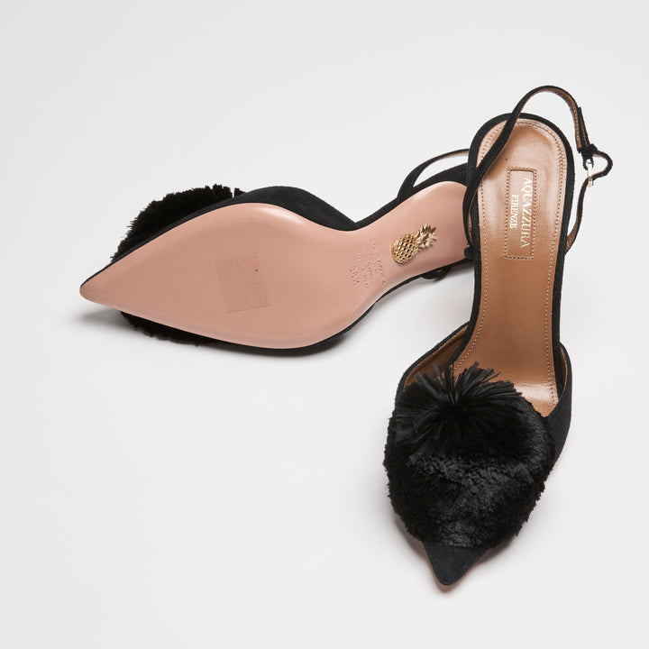 Aquazurra Black Suede Powder Puff Slingbacks Size 38.5