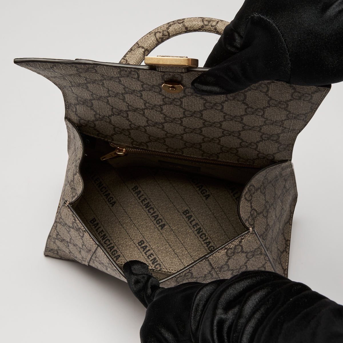 Gucci x Balenciaga Coated Monogram Canvas The Hacker Project Hour Glass Top Handle Hand Bag