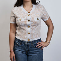 Balmain White and Blush Pink Patterned Knit Short Sleeve Button Up Size 40