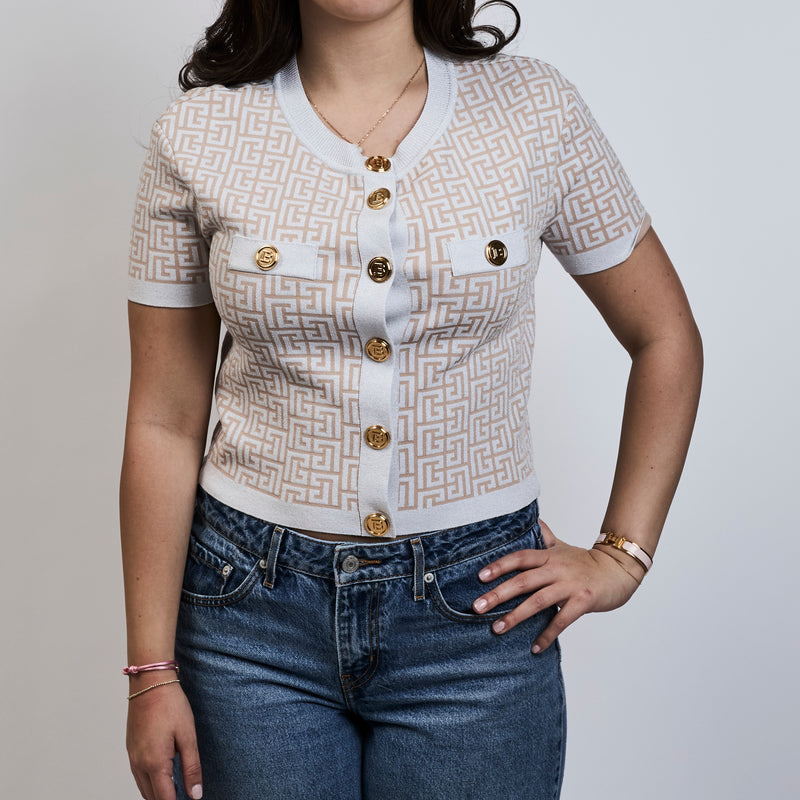Balmain White and Blush Pink Patterned Knit Short Sleeve Button Up Size 40