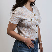 Balmain White and Blush Pink Patterned Knit Short Sleeve Button Up Size 40
