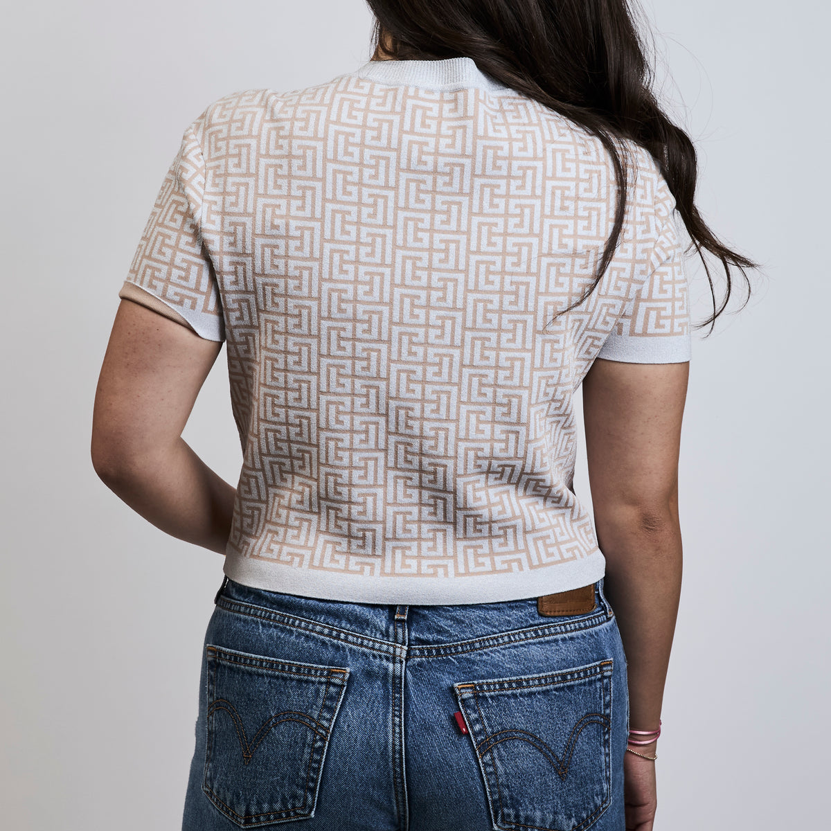 Balmain White and Blush Pink Patterned Knit Short Sleeve Button Up Size 40