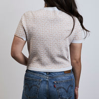 Balmain White and Blush Pink Patterned Knit Short Sleeve Button Up Size 40