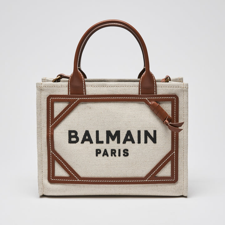 Balmain Beige Canvas & Brown Leather Small B-Army Tote Bag