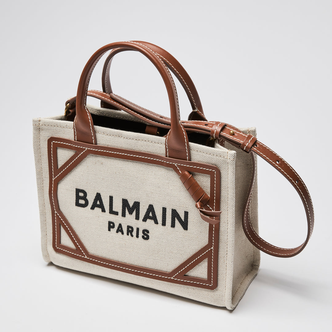 Balmain Beige Canvas & Brown Leather Small B-Army Tote Bag