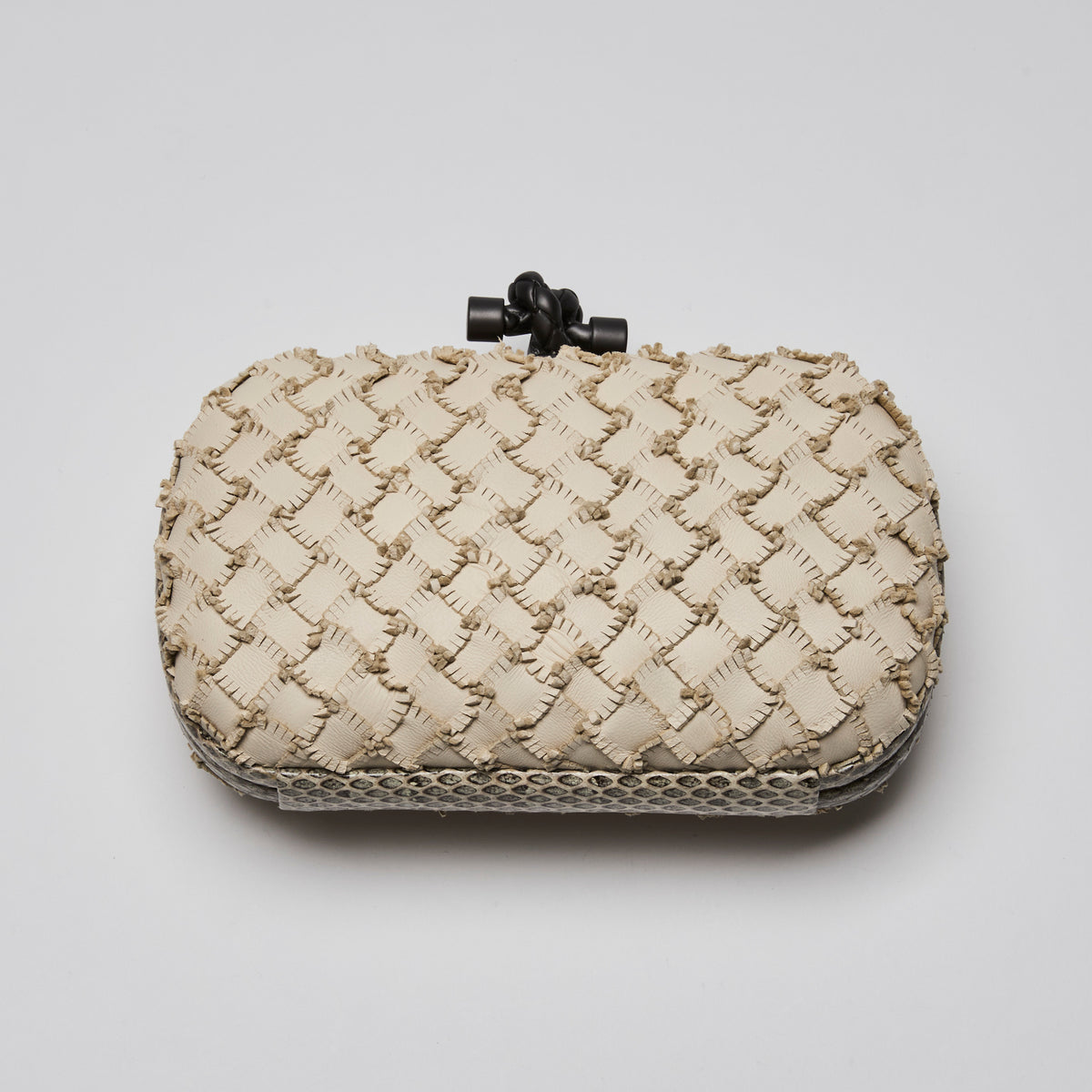 Bottega Veneta Ivory Snakeskin and Intrecciato Leather Knot Clutch