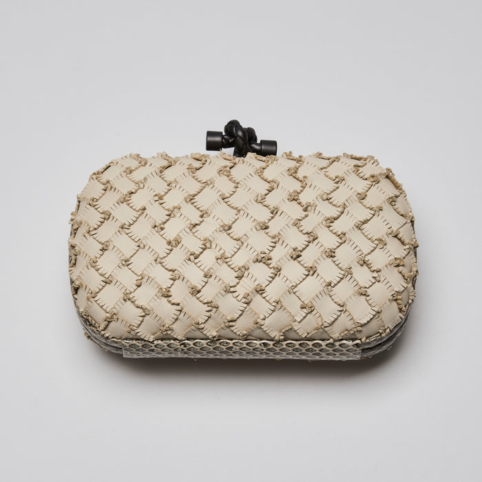 Bottega Veneta Ivory Snakeskin and Intrecciato Leather Knot Clutch