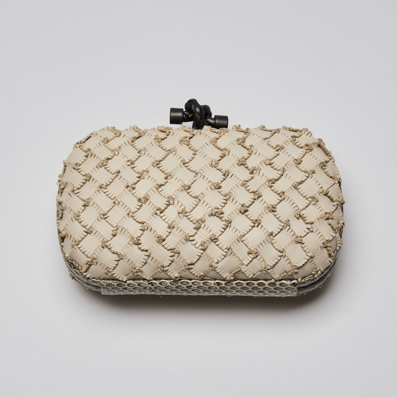 Bottega Veneta Ivory Snakeskin and Intrecciato Leather Knot Clutch
