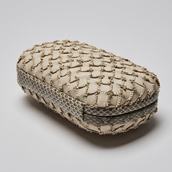 Bottega Veneta Ivory Snakeskin and Intrecciato Leather Knot Clutch