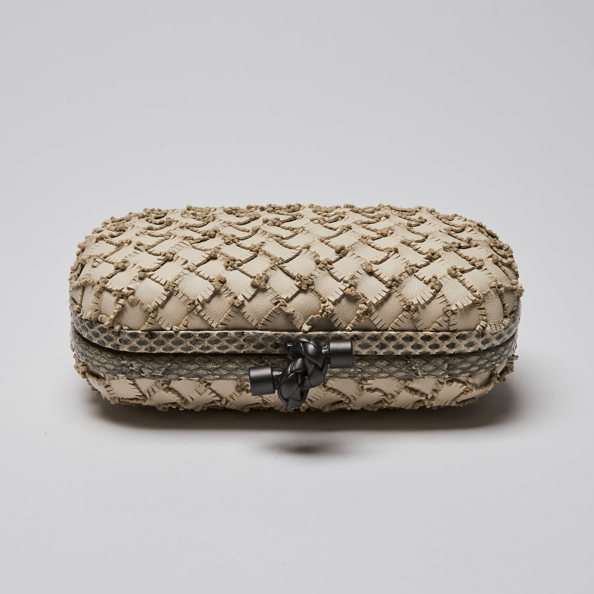 Bottega Veneta Ivory Snakeskin and Intrecciato Leather Knot Clutch