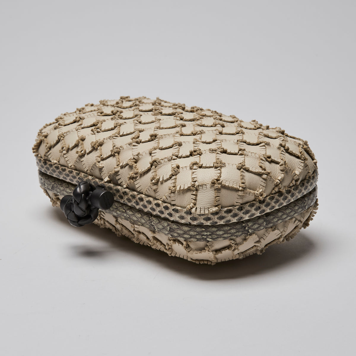 Bottega Veneta Ivory Snakeskin and Intrecciato Leather Knot Clutch