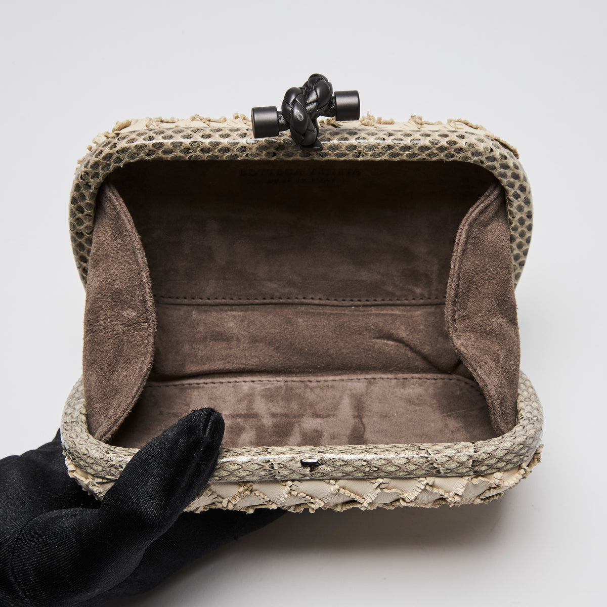 Bottega Veneta Ivory Snakeskin and Intrecciato Leather Knot Clutch