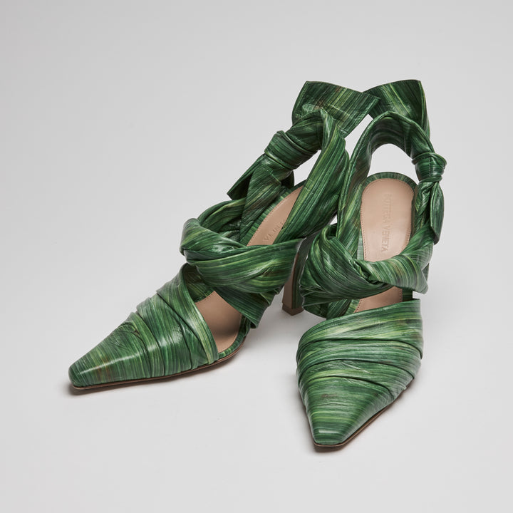Bottega Veneta Green Lambskin Leather Leaf Effect Ankle Strap Sandals Size 39