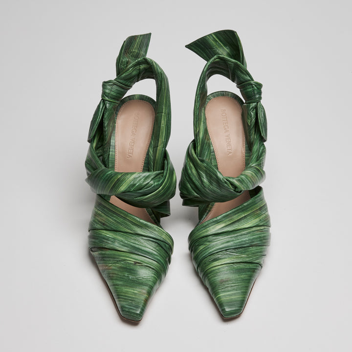 Bottega Veneta Green Lambskin Leather Leaf Effect Ankle Strap Sandals Size 39