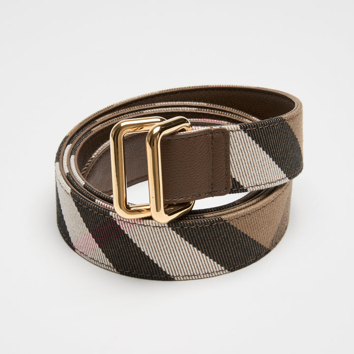 Burberry Taupe Calf Leather & House Check Canvas Reversible Belt Size L