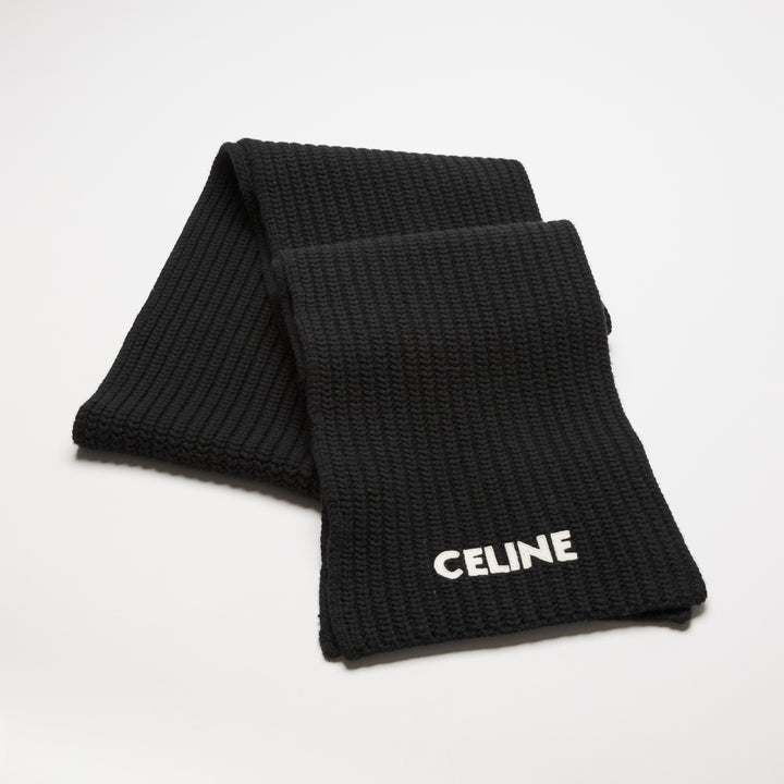 Celine Black Wool Knit Logo Scarf