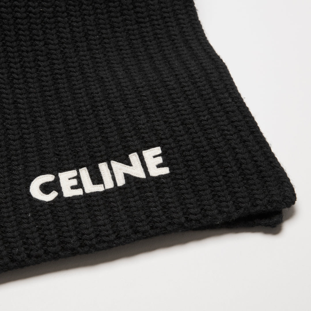 Celine Black Wool Knit Logo Scarf