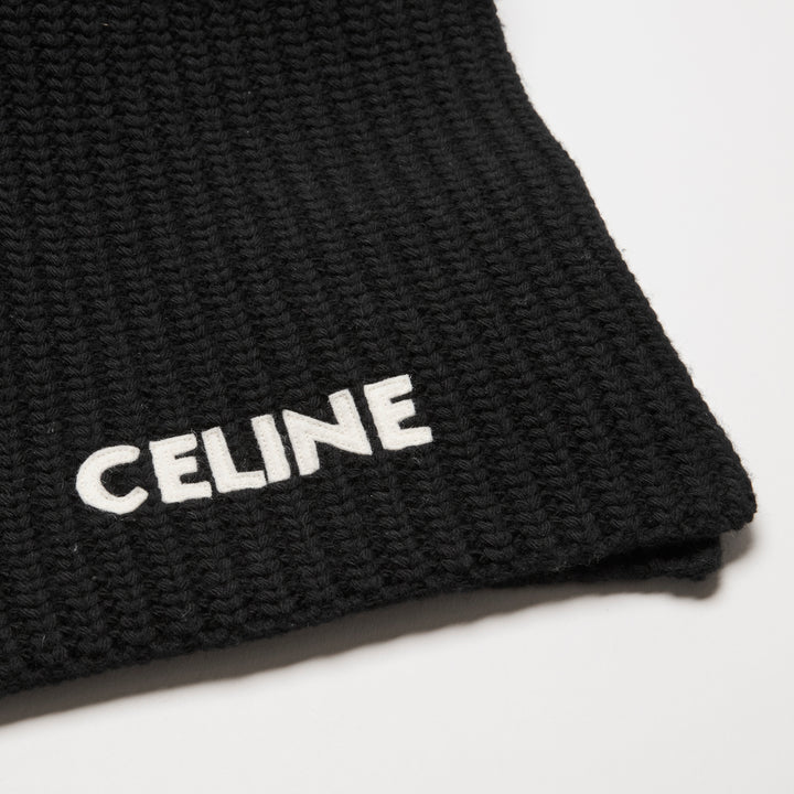 Celine Black Wool Knit Logo Scarf