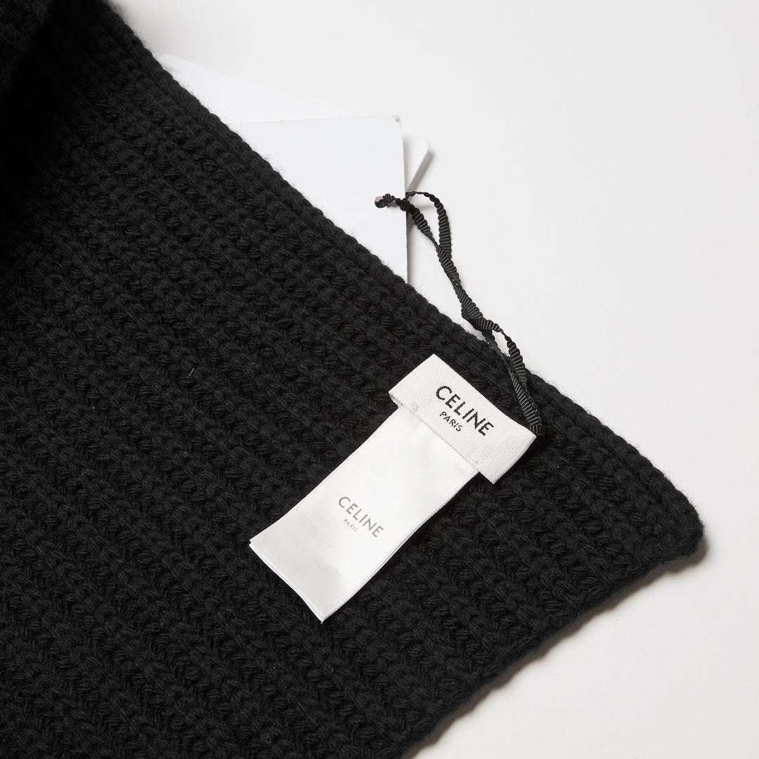 Celine Black Wool Knit Logo Scarf