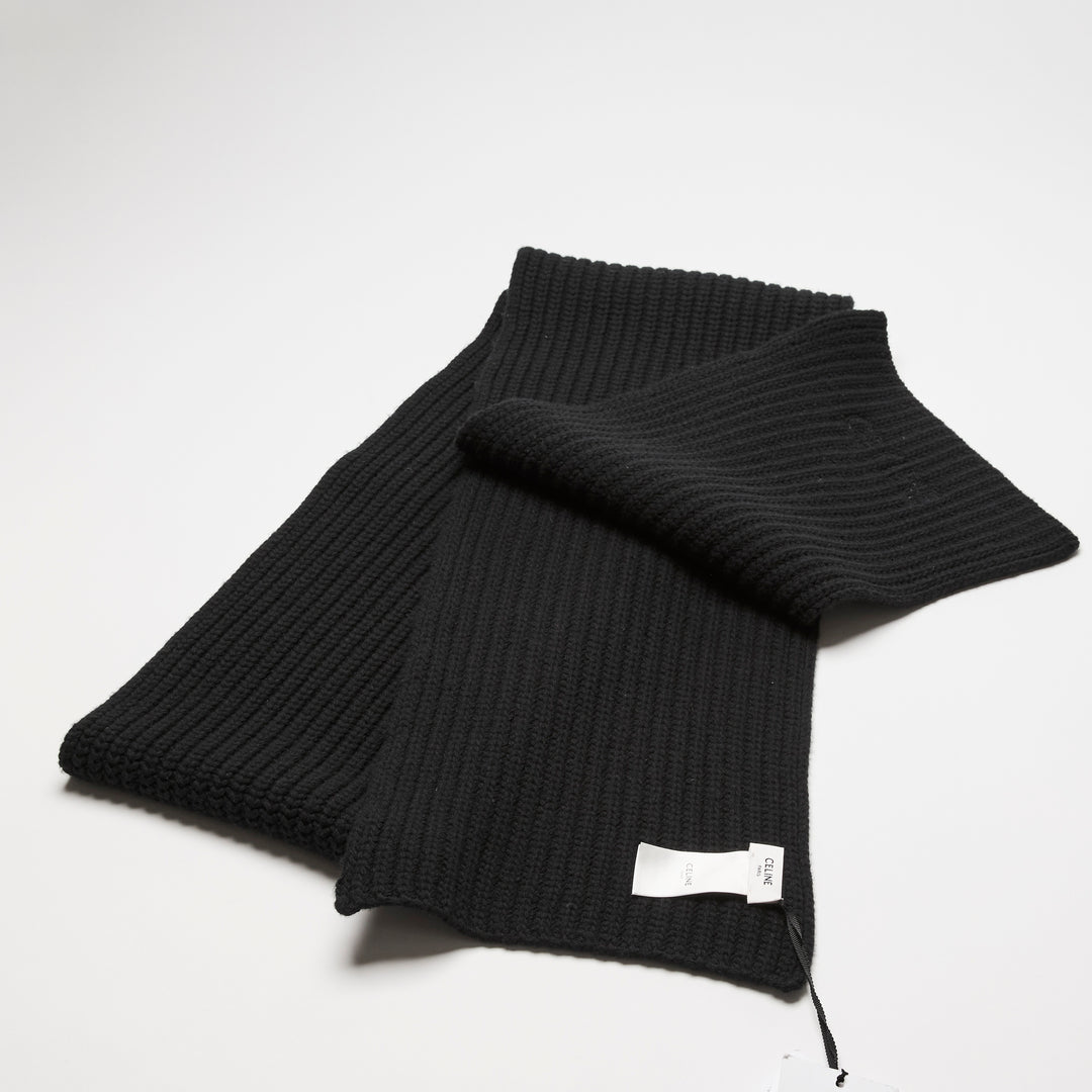 Celine Black Wool Knit Logo Scarf