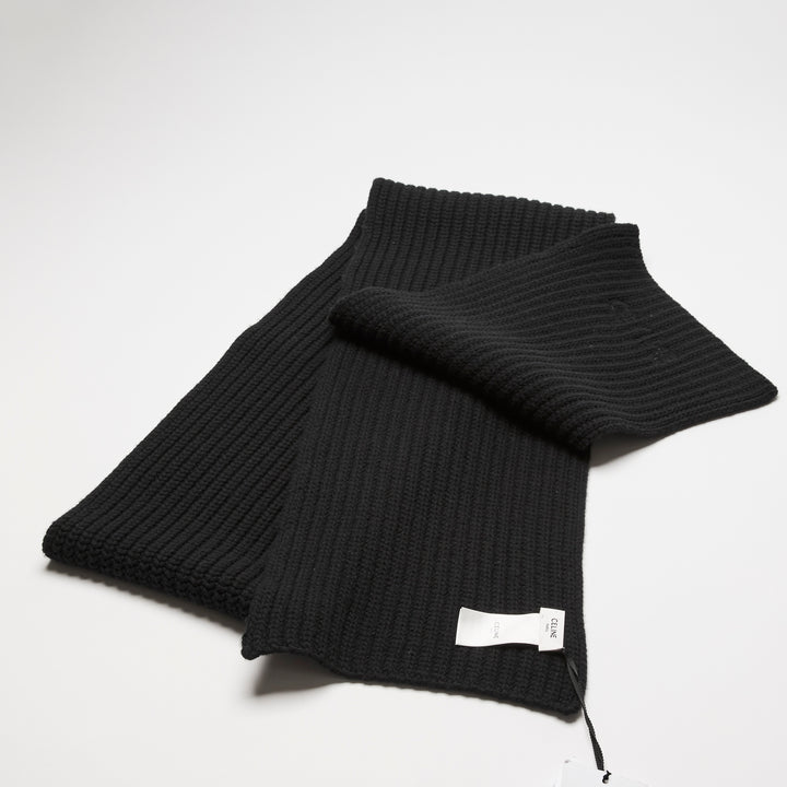 Celine Black Wool Knit Logo Scarf