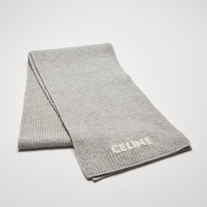 Celine Light Grey Wool Knit Logo Scarf