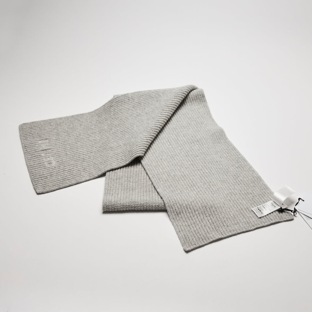 Celine Light Grey Wool Knit Logo Scarf