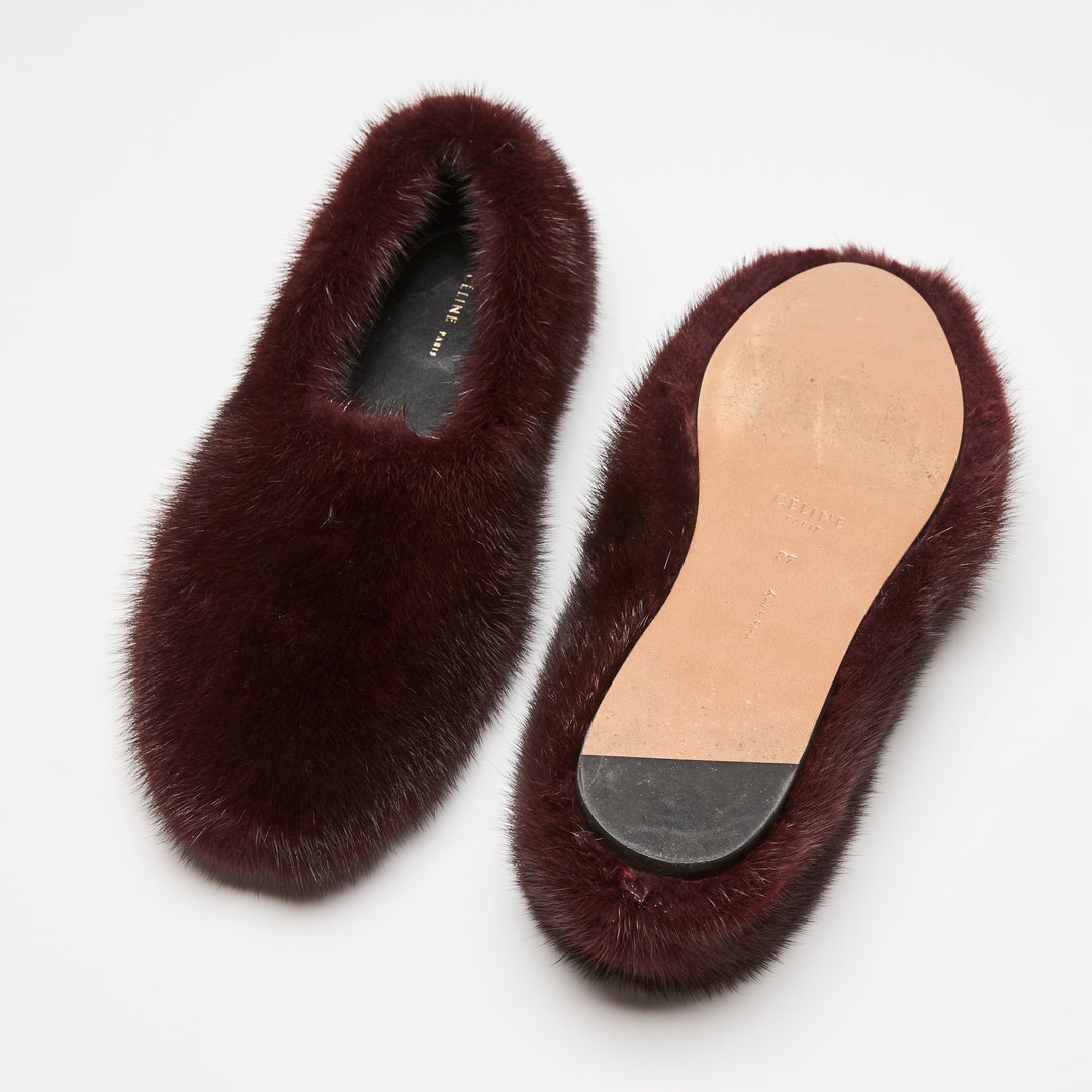 Celine Burgundy Mink Fur Ballet Flats Size 37