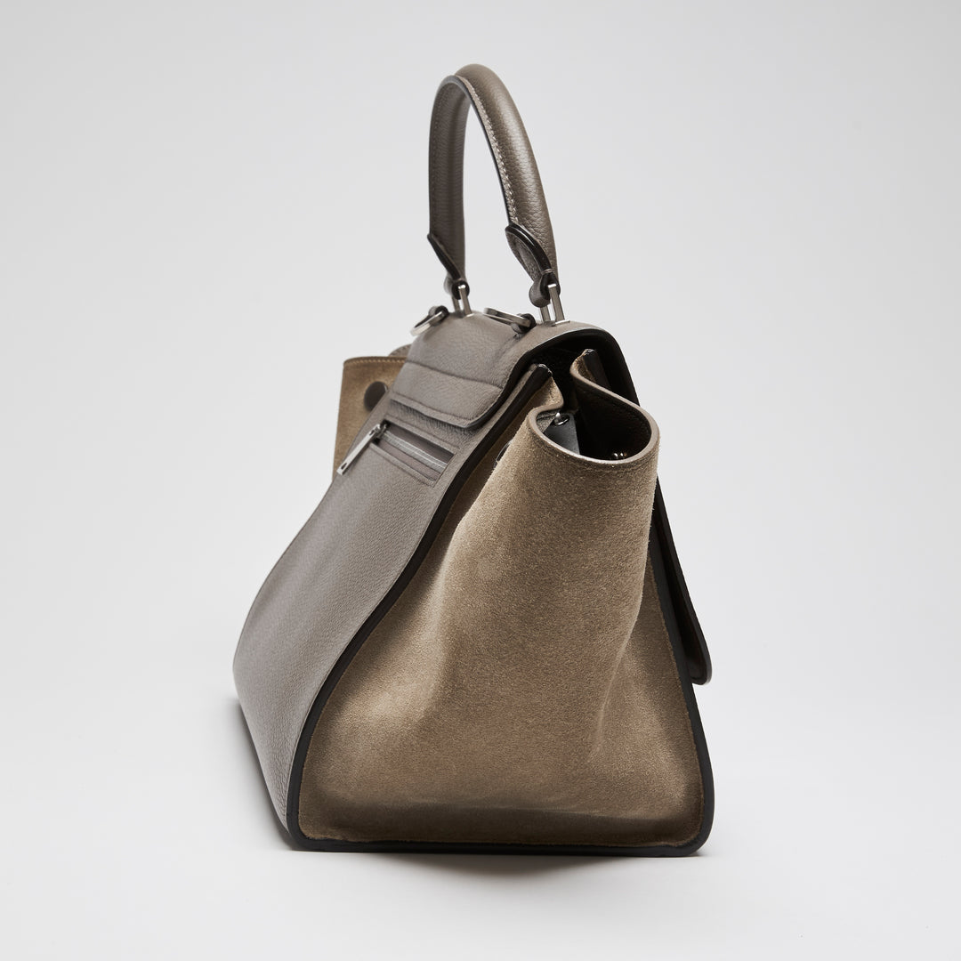 Celine Taupe Grained Leather & Suede Small Trapeze Handbag