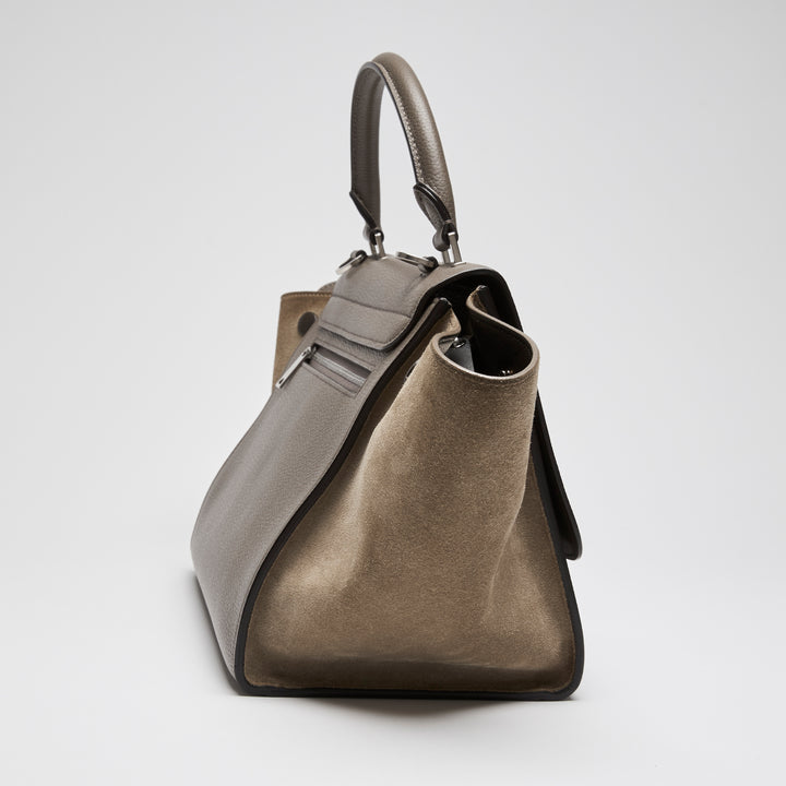 Celine Taupe Grained Leather & Suede Small Trapeze Handbag