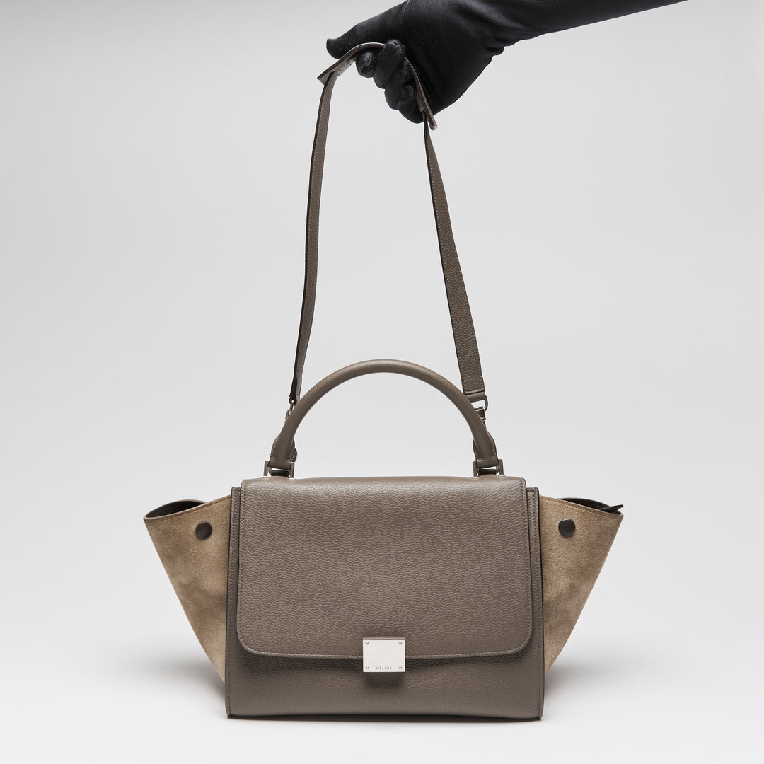 Celine Taupe Grained Leather & Suede Small Trapeze Handbag