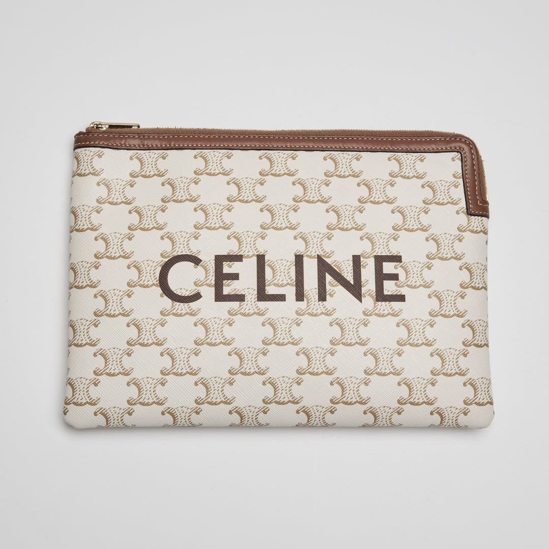 Celine Ivory Canvas & Tan Lambskin Leather Trim Triomphe Pouch