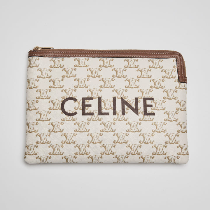 Celine Ivory Canvas & Tan Lambskin Leather Trim Triomphe Pouch