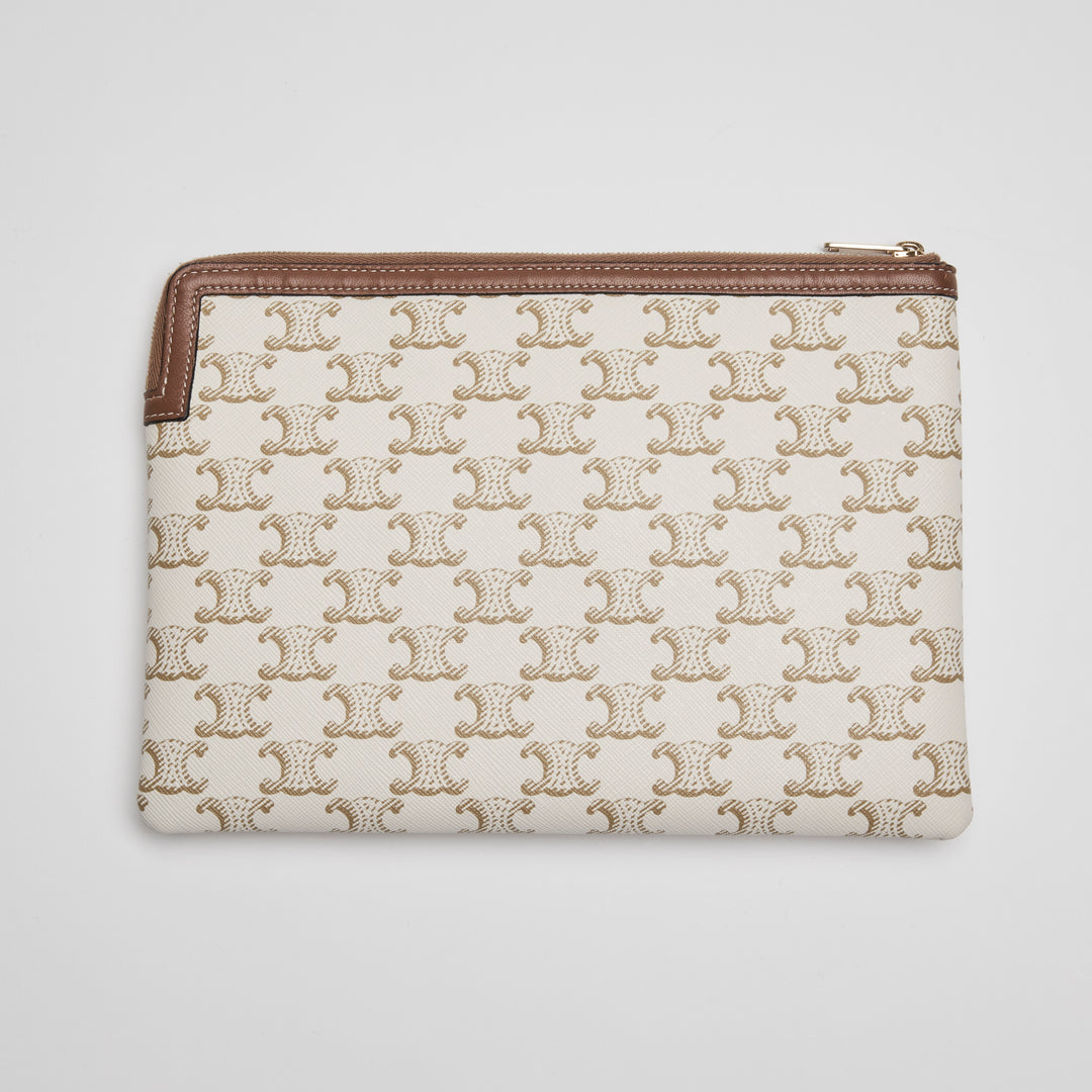 Celine Ivory Canvas & Tan Lambskin Leather Trim Triomphe Pouch
