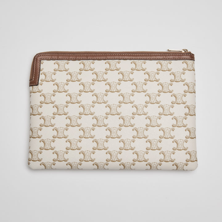 Celine Ivory Canvas & Tan Lambskin Leather Trim Triomphe Pouch