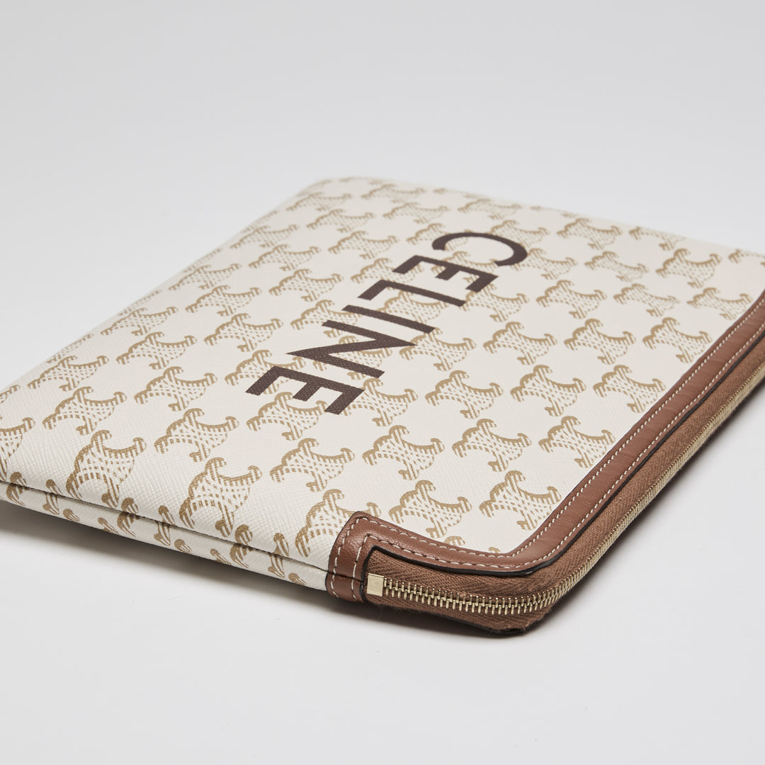 Celine Ivory Canvas & Tan Lambskin Leather Trim Triomphe Pouch