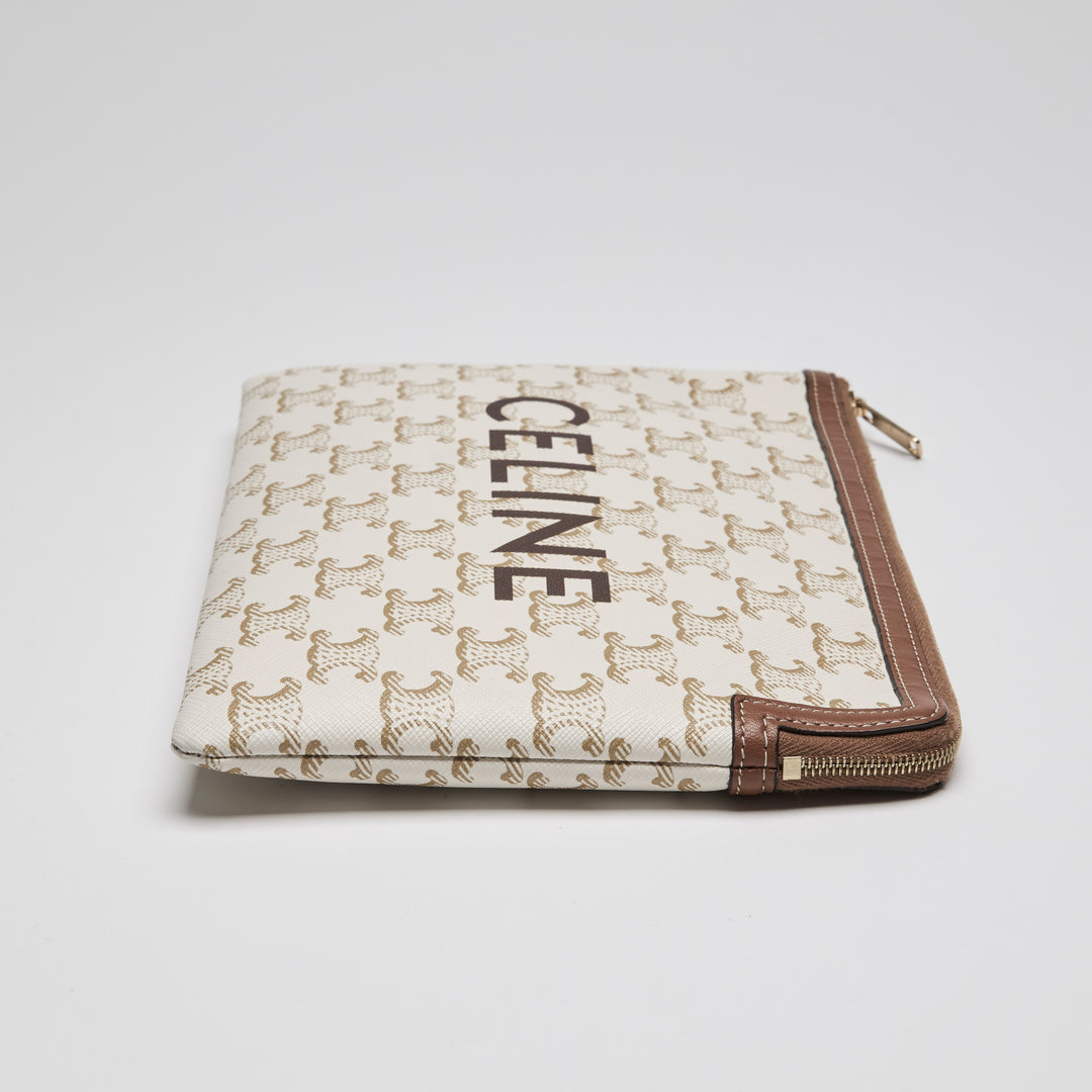 Celine Ivory Canvas & Tan Lambskin Leather Trim Triomphe Pouch