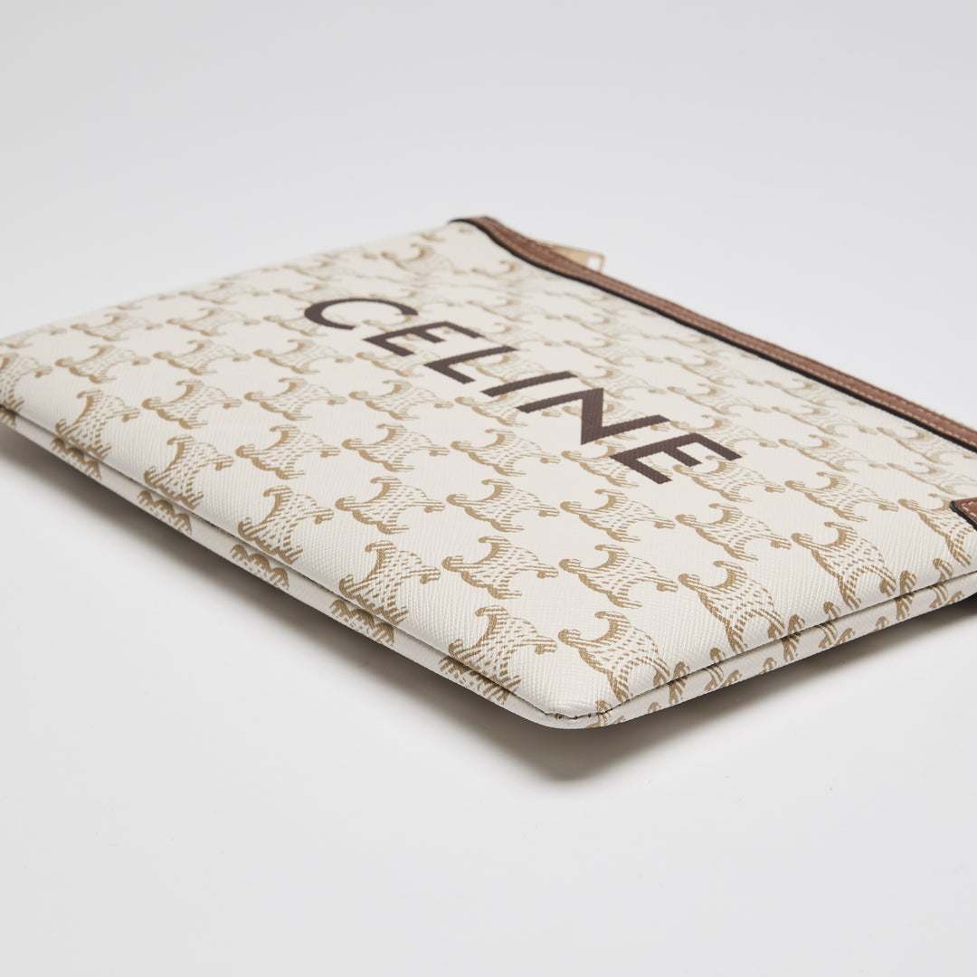 Celine Ivory Canvas & Tan Lambskin Leather Trim Triomphe Pouch