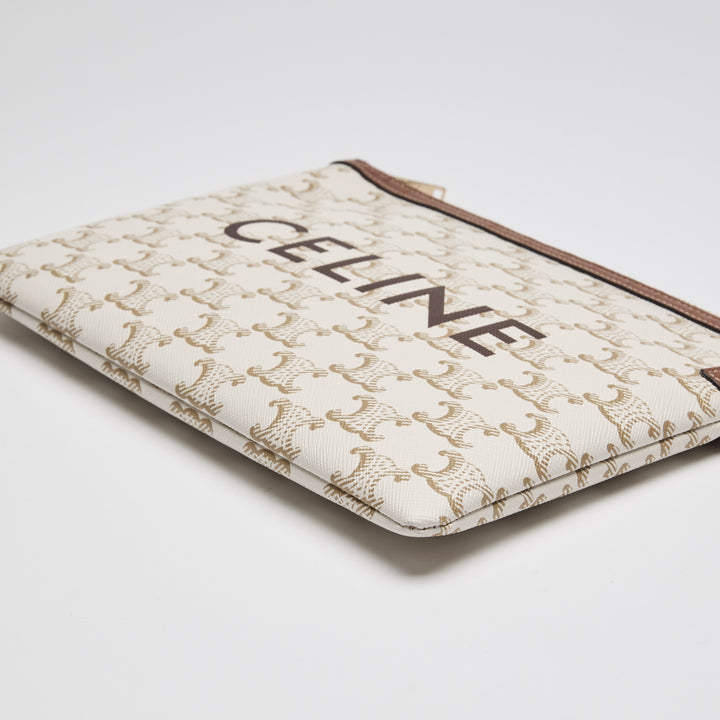 Celine Ivory Canvas & Tan Lambskin Leather Trim Triomphe Pouch
