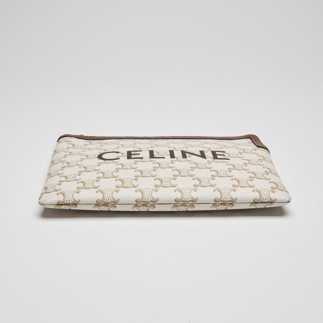 Celine Ivory Canvas & Tan Lambskin Leather Trim Triomphe Pouch