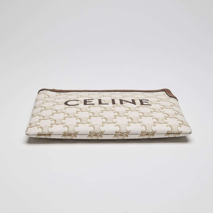 Celine Ivory Canvas & Tan Lambskin Leather Trim Triomphe Pouch