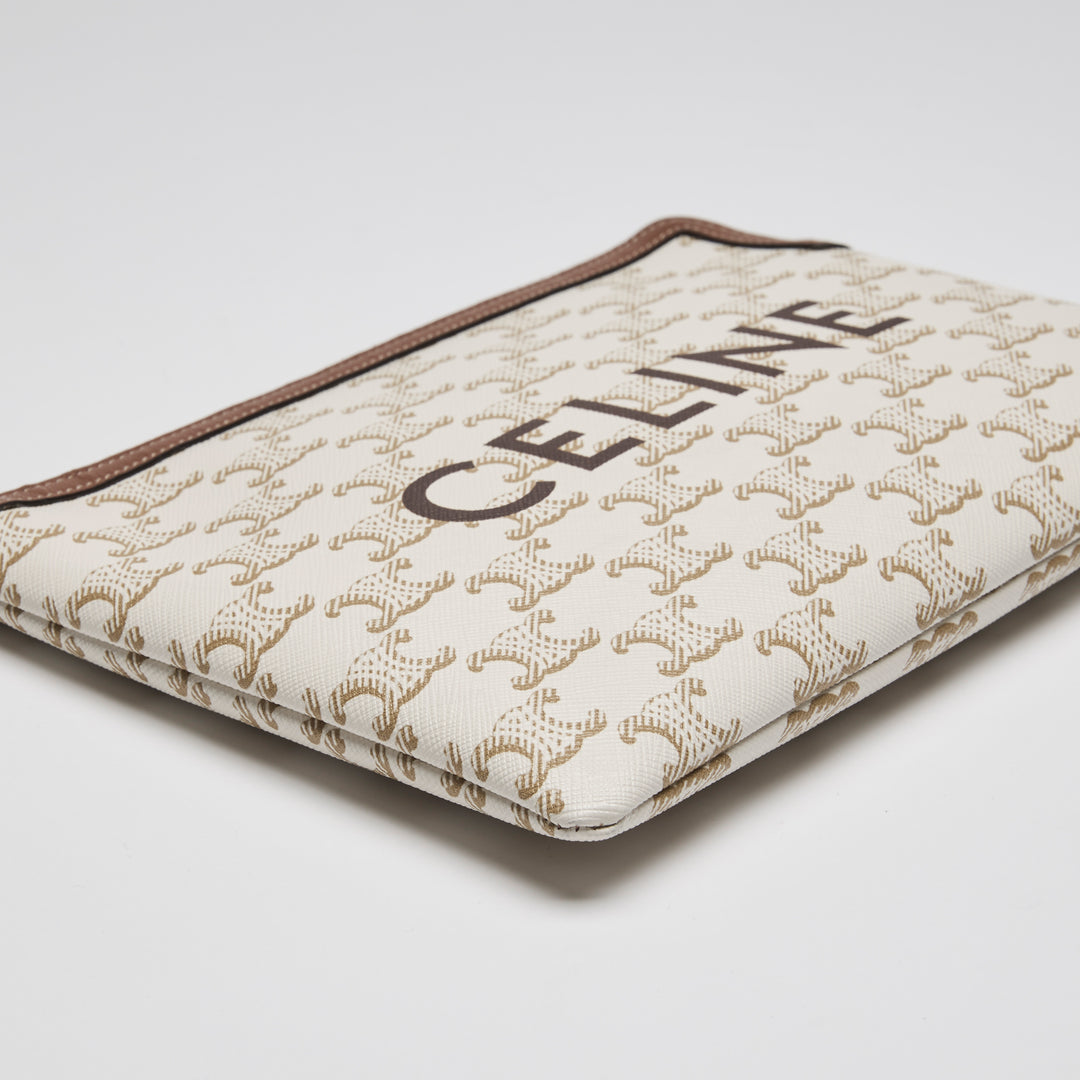 Celine Ivory Canvas & Tan Lambskin Leather Trim Triomphe Pouch
